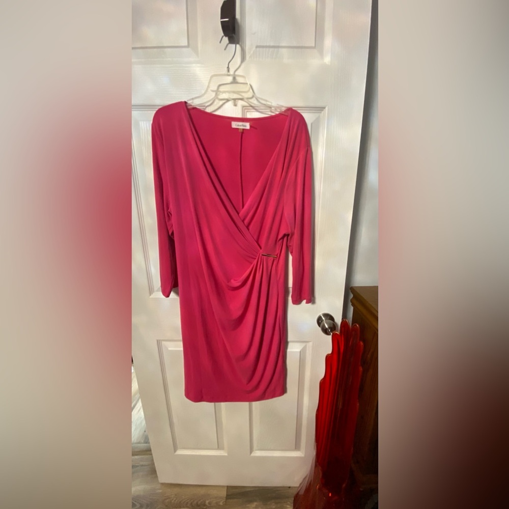 Calvin Klein Hot Pink Ruched Wrap Dress with 3/4 length sleeves